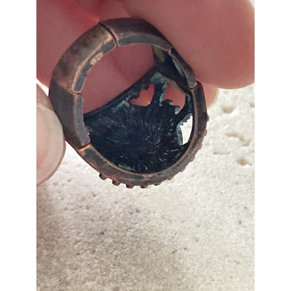 Patina Copper Tone Stretch Ring Size 8 Rustic Artisan Adjustable Faux Turquoise‎